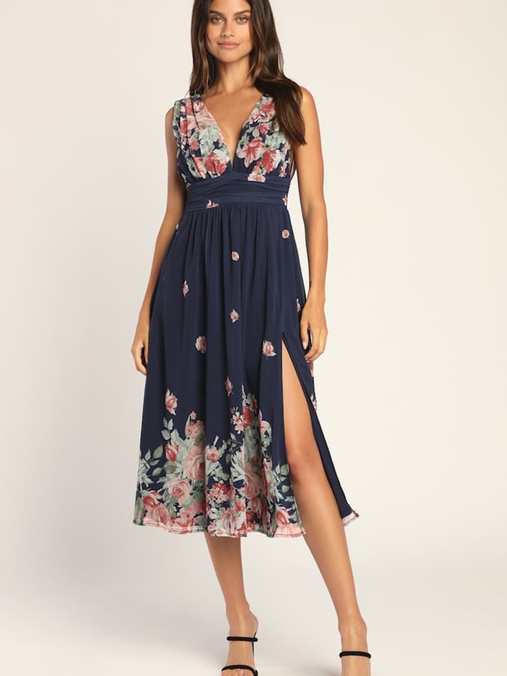 Lulu's Navy Floral V-Neck Midi Dress with Side Slit